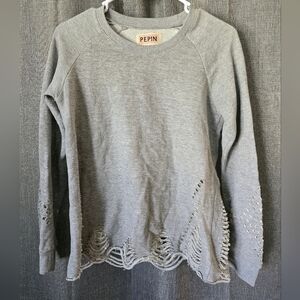 Pepin Sweatshirt V-Neck Cutout Distressed Grey Boho Chic Pullover Boho Sz S